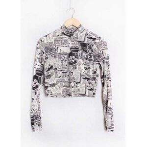 No Comment NY.LA XL Womens Long Sleeve Newspaper Print Cropped Turtleneck Top